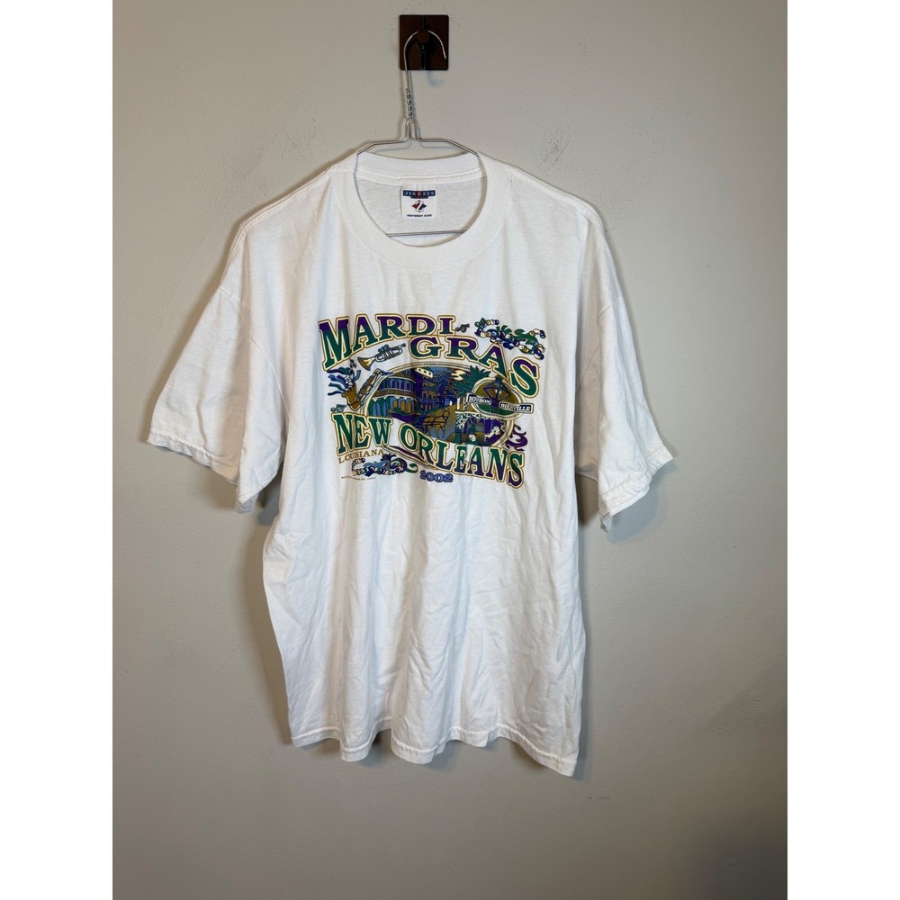 Jerzees Mens T-Shirt 2002 Mardi Gras Graphic White XL
